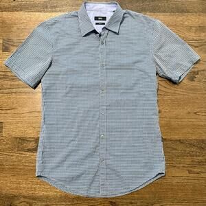 Boss &Men's Blue & White Slim Fit Short Sleeve Button Down Medium